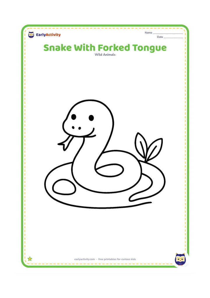 Colouring page: Draw a snake resting on a flat patch of ground with its forked tongue gently extended. Add one large pebble and two simple leaves around it.