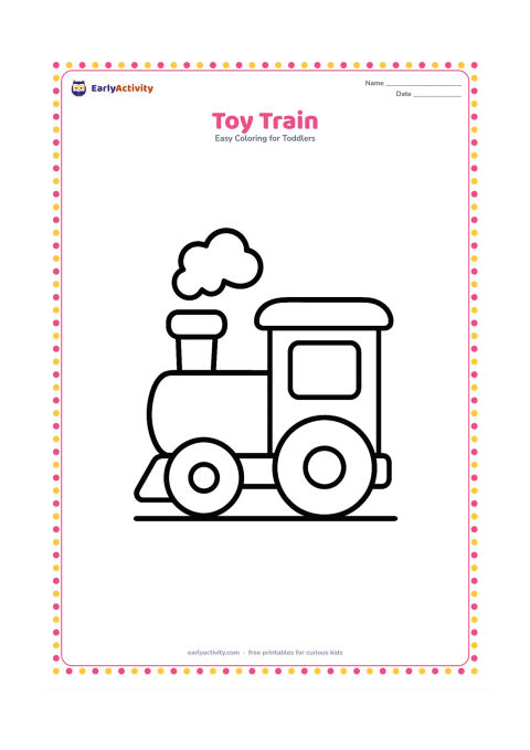 Colouring page: Draw a chunky toy train with one engine, two large wheels and a small puff of cloud above the chimney. Place it on one straight track line.