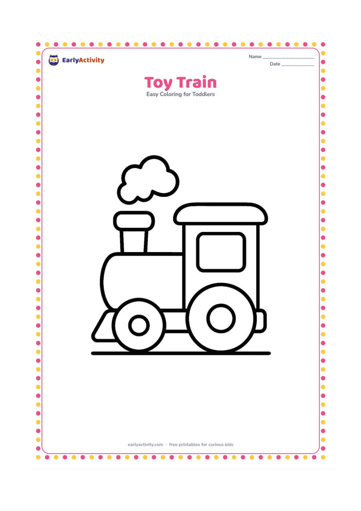 Colouring page: Draw a chunky toy train with one engine, two large wheels and a small puff of cloud above the chimney. Place it on one straight track line.
