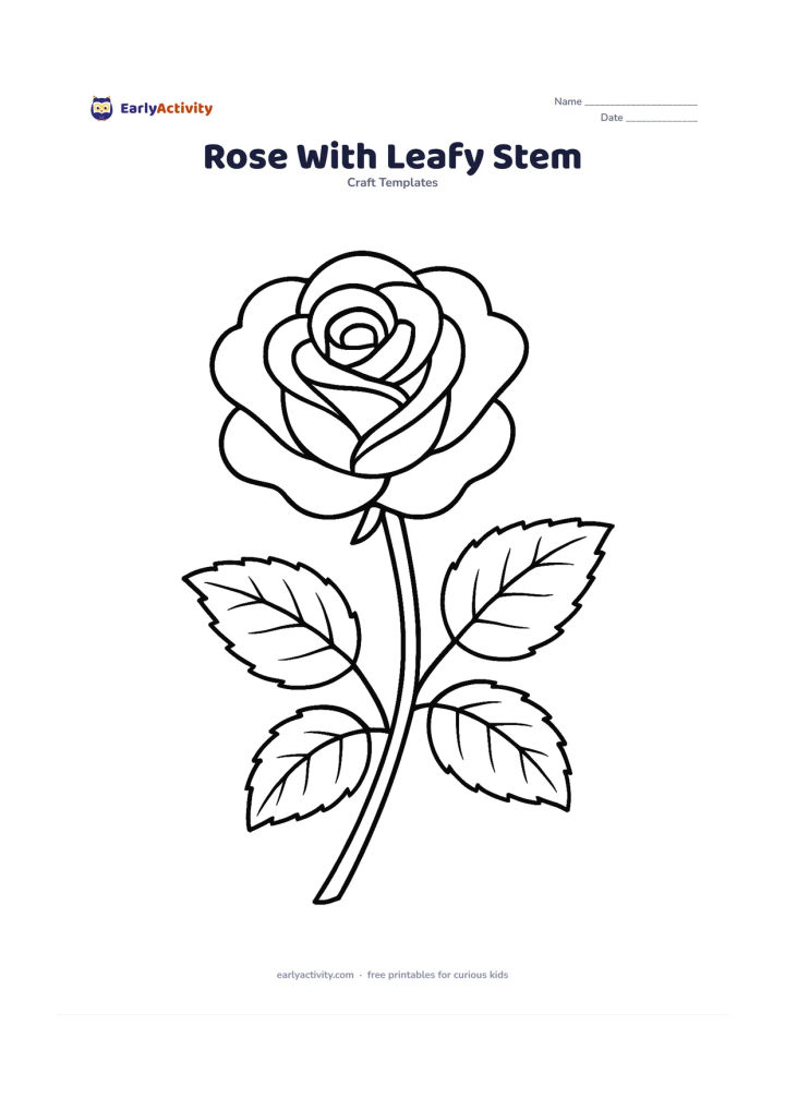 Worksheet: A medium-detail rose with layered rounded petals and a gently curling outer edge, attached to a curved stem with three serrated leaves. Place the flower diagonally across the page.