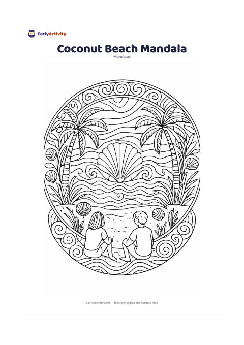 Colouring page: Create a seaside circular mandala with a shell at the centre, radiating waves, coconut palms, seashells and beach grasses. Include two friends sitting under a palm tree in opposite lower…