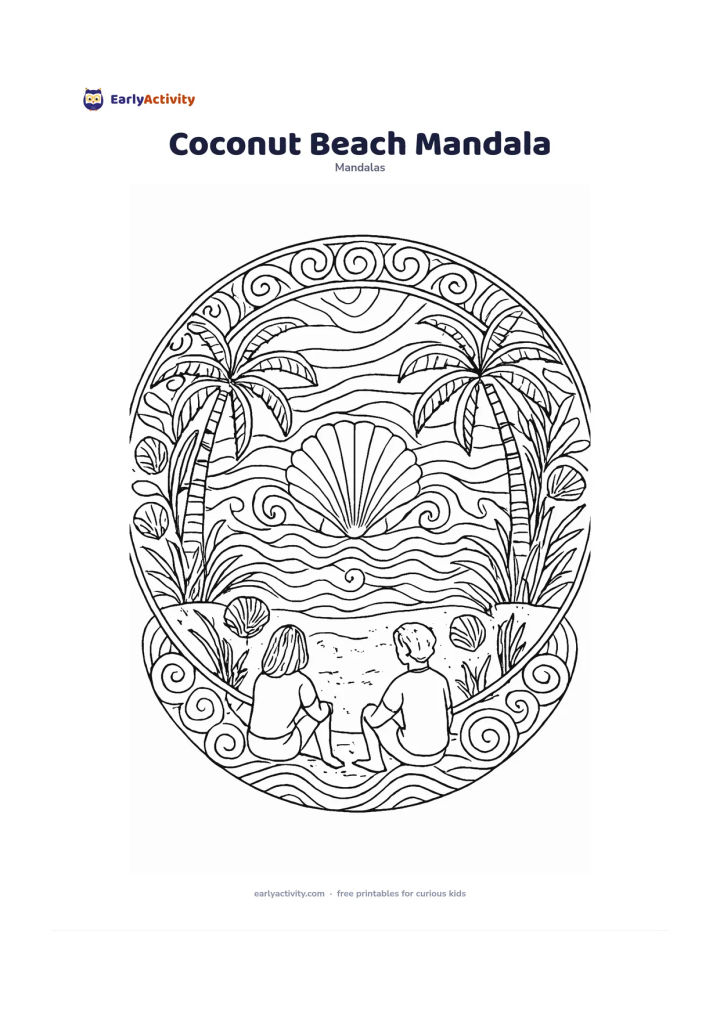 Colouring page: Create a seaside circular mandala with a shell at the centre, radiating waves, coconut palms, seashells and beach grasses. Include two friends sitting under a palm tree in opposite lower…
