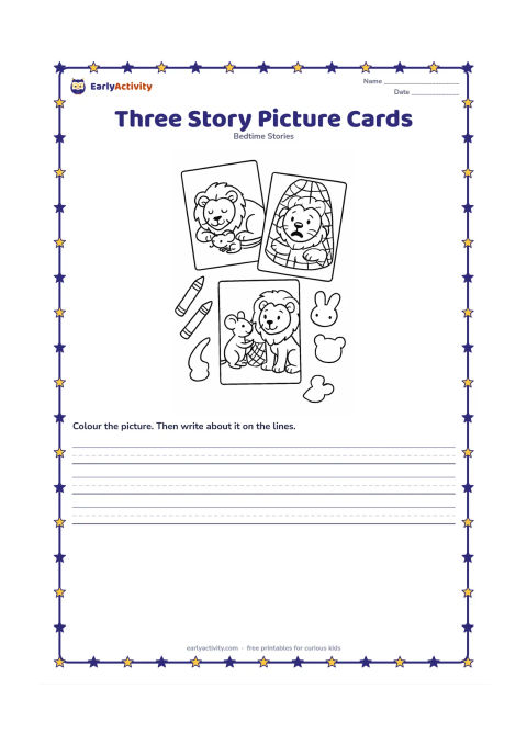 Printable: Show three separate blank-edged picture cards arranged on a table: a sleeping lion and mouse, a lion in a net, and the mouse freeing the lion. Add crayons and plain animal-shaped paper…