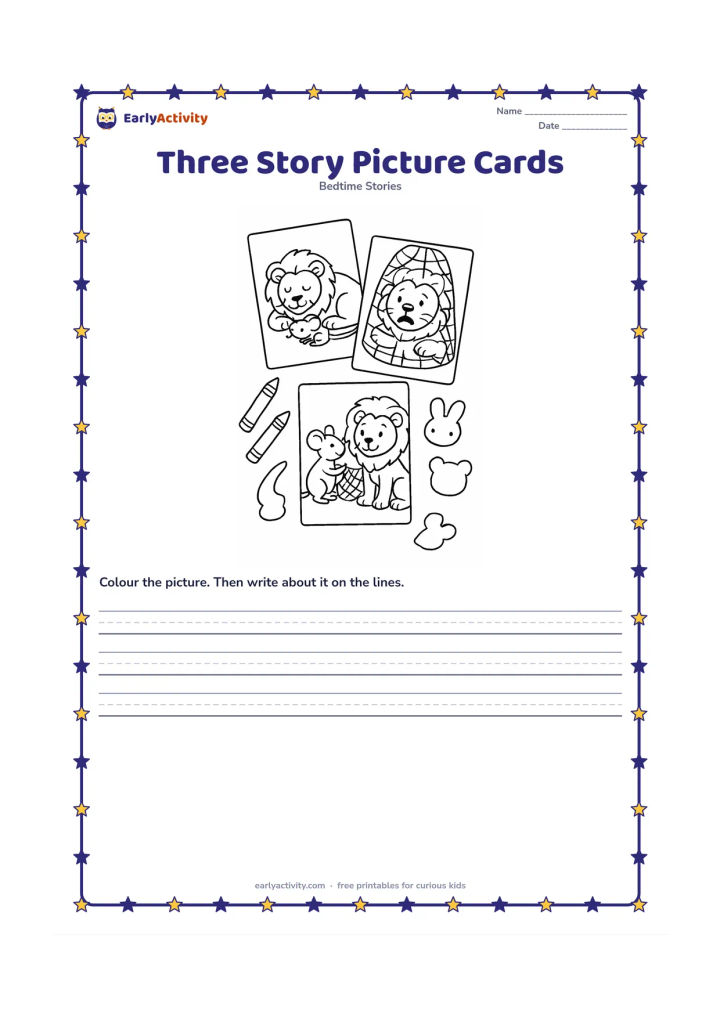 Printable: Show three separate blank-edged picture cards arranged on a table: a sleeping lion and mouse, a lion in a net, and the mouse freeing the lion. Add crayons and plain animal-shaped paper…