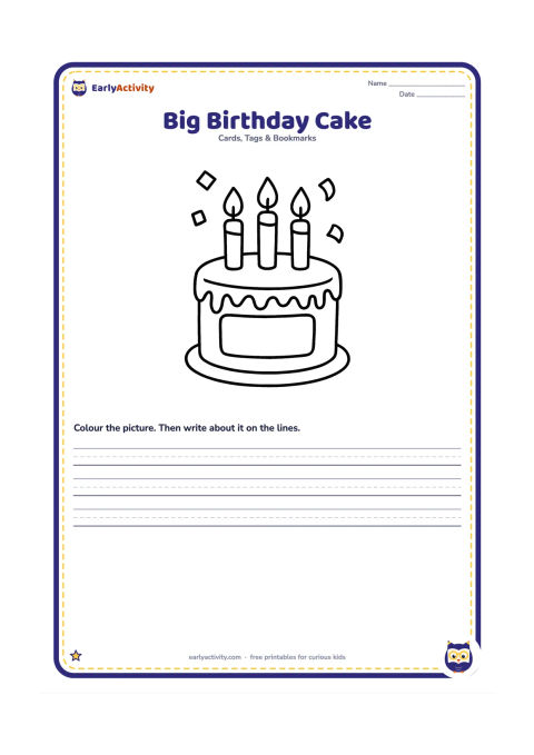 Worksheet: Draw one large round birthday cake with three oversized candles, frosting drips, and a wide blank panel on the cake front for a handwritten message. Place a few large confetti shapes…
