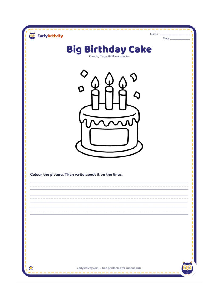 Worksheet: Draw one large round birthday cake with three oversized candles, frosting drips, and a wide blank panel on the cake front for a handwritten message. Place a few large confetti shapes…