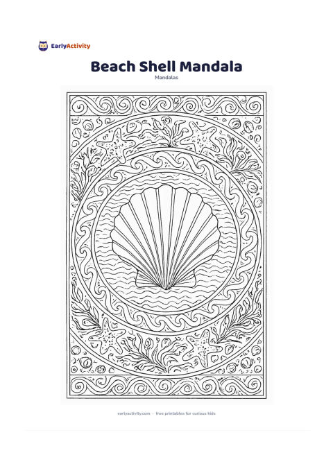 Colouring page: Draw a large seashell at the centre of a circular beach mandala, surrounded by starfish, waves, sand ripples, small shells, seaweed, and repeating ocean borders. Arrange the water and…