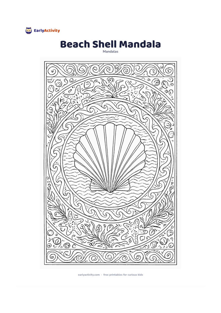 Colouring page: Draw a large seashell at the centre of a circular beach mandala, surrounded by starfish, waves, sand ripples, small shells, seaweed, and repeating ocean borders. Arrange the water and…