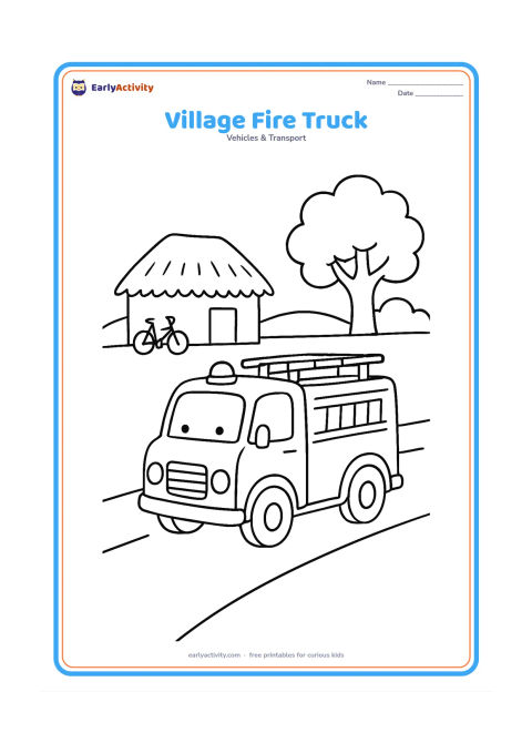 Colouring page: Draw a small fire engine travelling through an Indian village, with a thatched-roof home, a broad tree, a bicycle and a simple road. Show the truck clearly in the foreground.