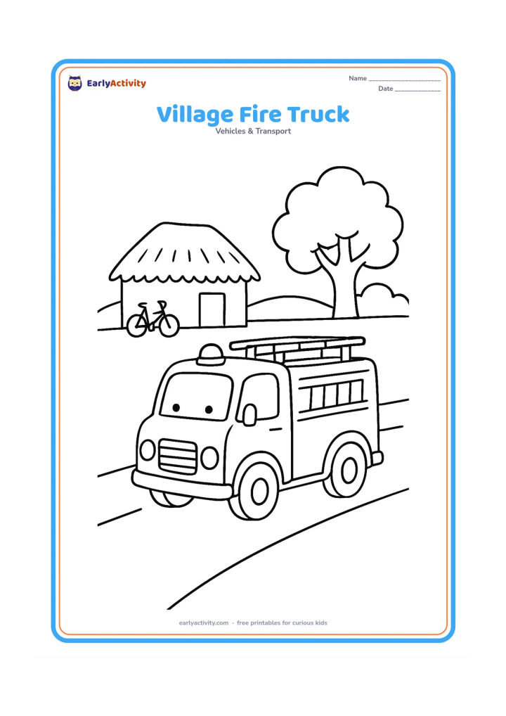 Colouring page: Draw a small fire engine travelling through an Indian village, with a thatched-roof home, a broad tree, a bicycle and a simple road. Show the truck clearly in the foreground.
