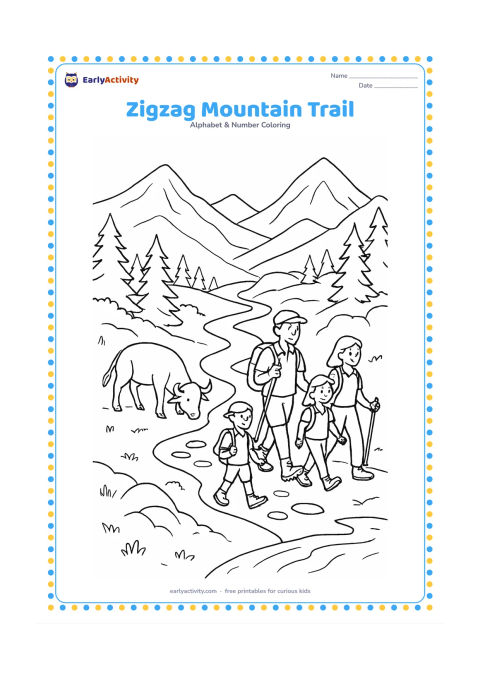 Colouring page: Draw a family hiking along a broad zigzag trail through mountain scenery, with a zebu grazing beside the lower path. Add stepping stones, pine trees, layered peaks and a small stream.