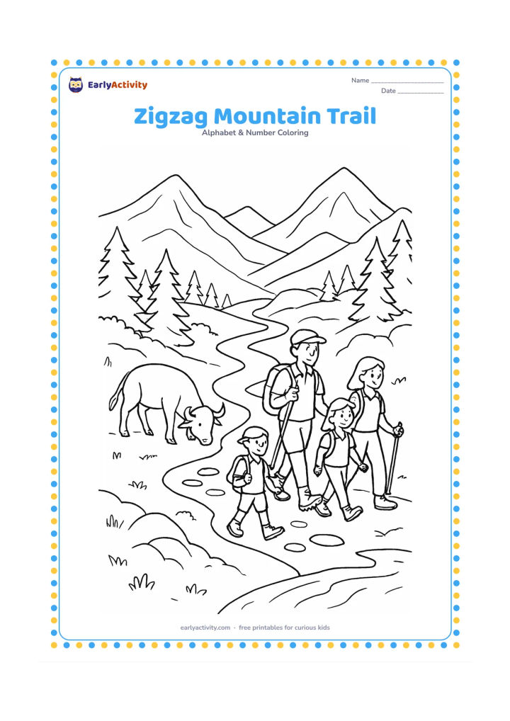Colouring page: Draw a family hiking along a broad zigzag trail through mountain scenery, with a zebu grazing beside the lower path. Add stepping stones, pine trees, layered peaks and a small stream.