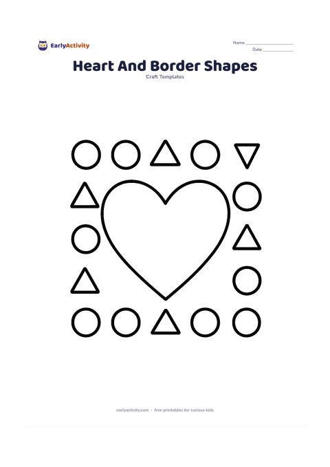 Worksheet: Place one large heart outline in the centre, surrounded by a simple border made from large circles and triangles. Keep the border pieces separate rather than overlapping the heart.