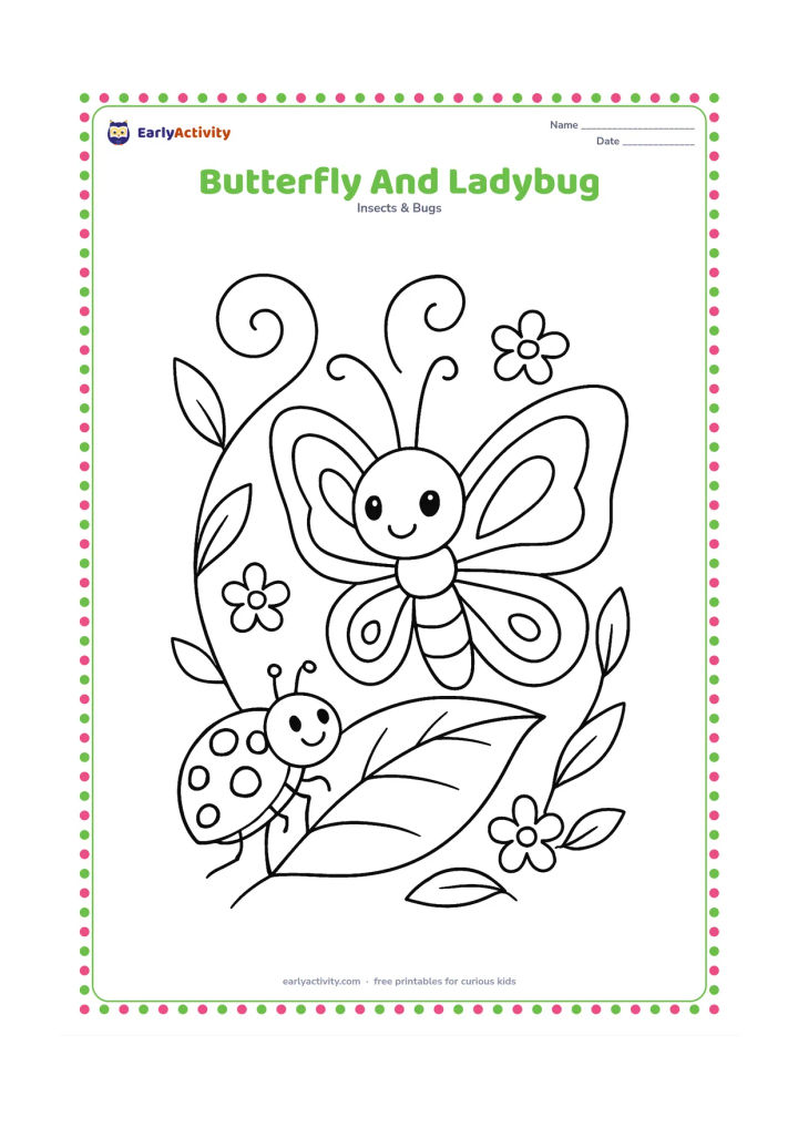 Colouring page: Draw a butterfly perched on a leaf beside a friendly ladybug, with a curled vine, small flowers, and several leaves around them. Make the butterfly larger and give both insects clearly…