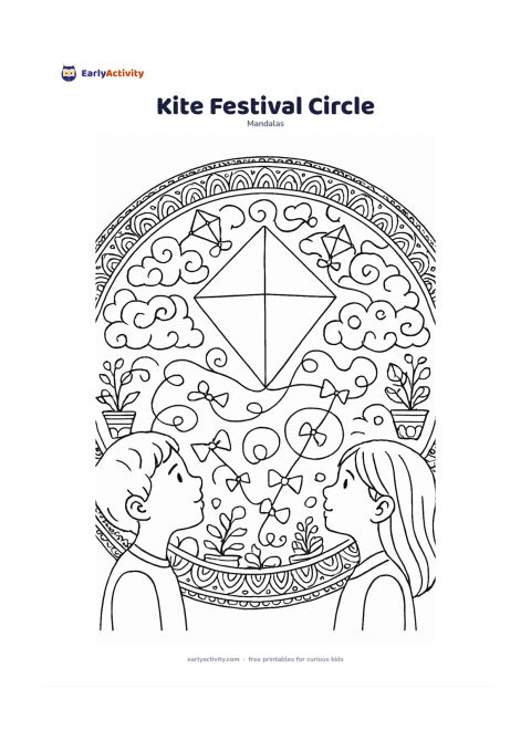 Colouring page: Create a circular mandala with a diamond-shaped kite at the centre, surrounded by looping strings, clouds, smaller kites, rooftop plants and repeating tail bows. Include two children in…
