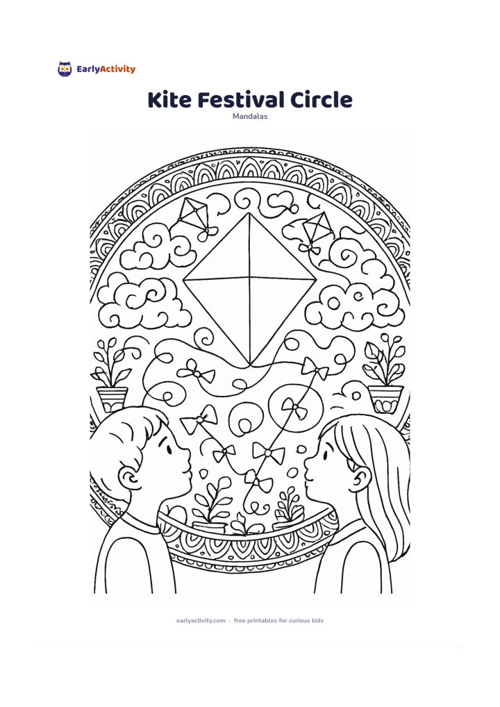 Colouring page: Create a circular mandala with a diamond-shaped kite at the centre, surrounded by looping strings, clouds, smaller kites, rooftop plants and repeating tail bows. Include two children in…