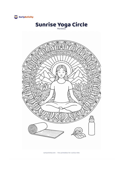 Colouring page: Make a circular mandala with a seated person in a calm cross-legged pose at the centre, surrounded by sunrise arcs, lotus petals, mountain outlines and repeating leaves. Add a rolled mat…