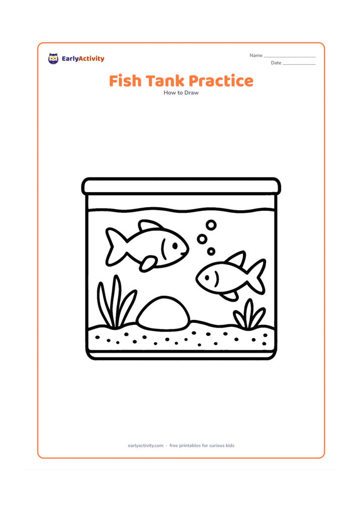 Worksheet: Show a rectangular home fish tank containing two differently shaped fish, a treasure-free smooth rock, two water plants, bubbles, and a curved gravel base. Keep the tank scene uncluttered.