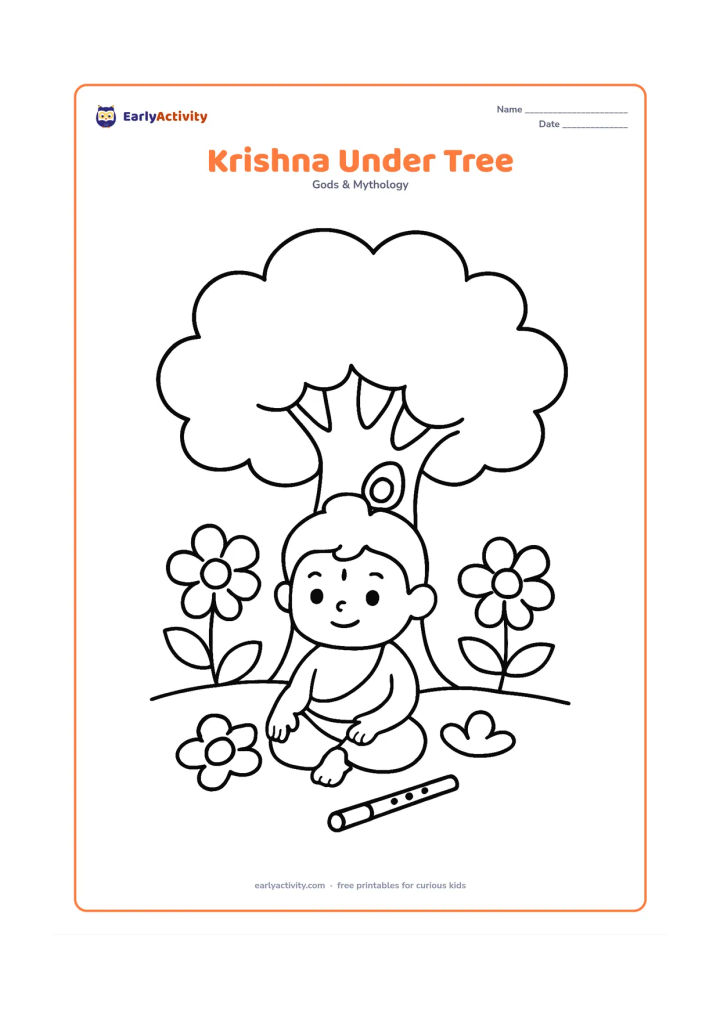 Colouring page: Baby Krishna sits beneath a broad shady tree with a flute resting beside him, surrounded by three large flowers and a few rounded leaves. Use a calm outdoor composition with Krishna in…