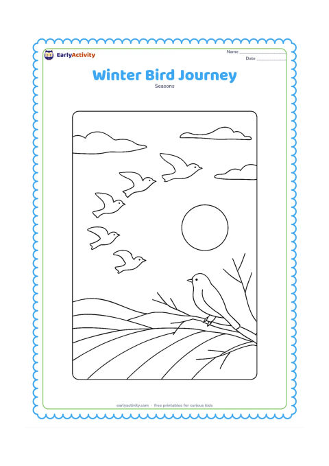 Colouring page: A small flock of birds flies in a curved formation across a cool sky above fields and distant hills, while one bird rests on a bare branch. Add a low winter sun and wispy clouds.