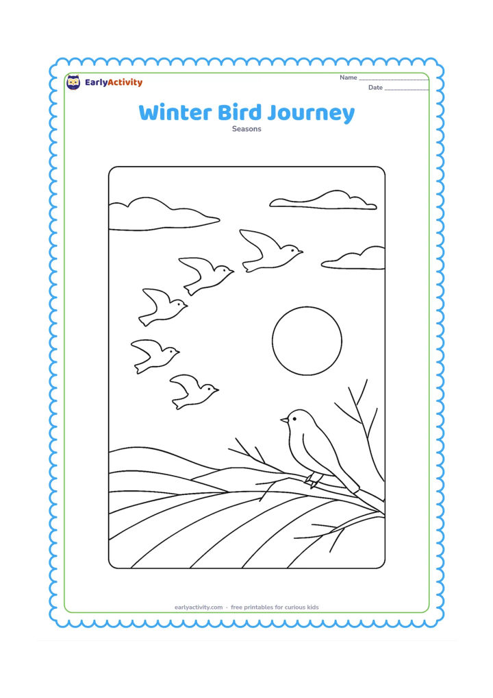 Colouring page: A small flock of birds flies in a curved formation across a cool sky above fields and distant hills, while one bird rests on a bare branch. Add a low winter sun and wispy clouds.