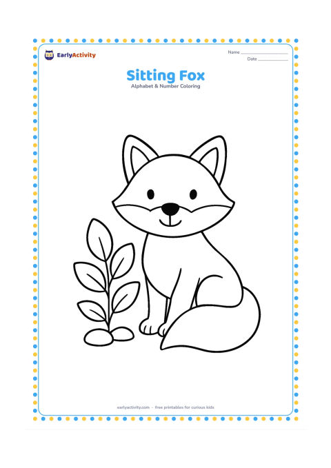 Colouring page: Draw a friendly fox sitting beside one leafy plant, with a large bushy tail curled around its feet. Add two simple stones near the plant.