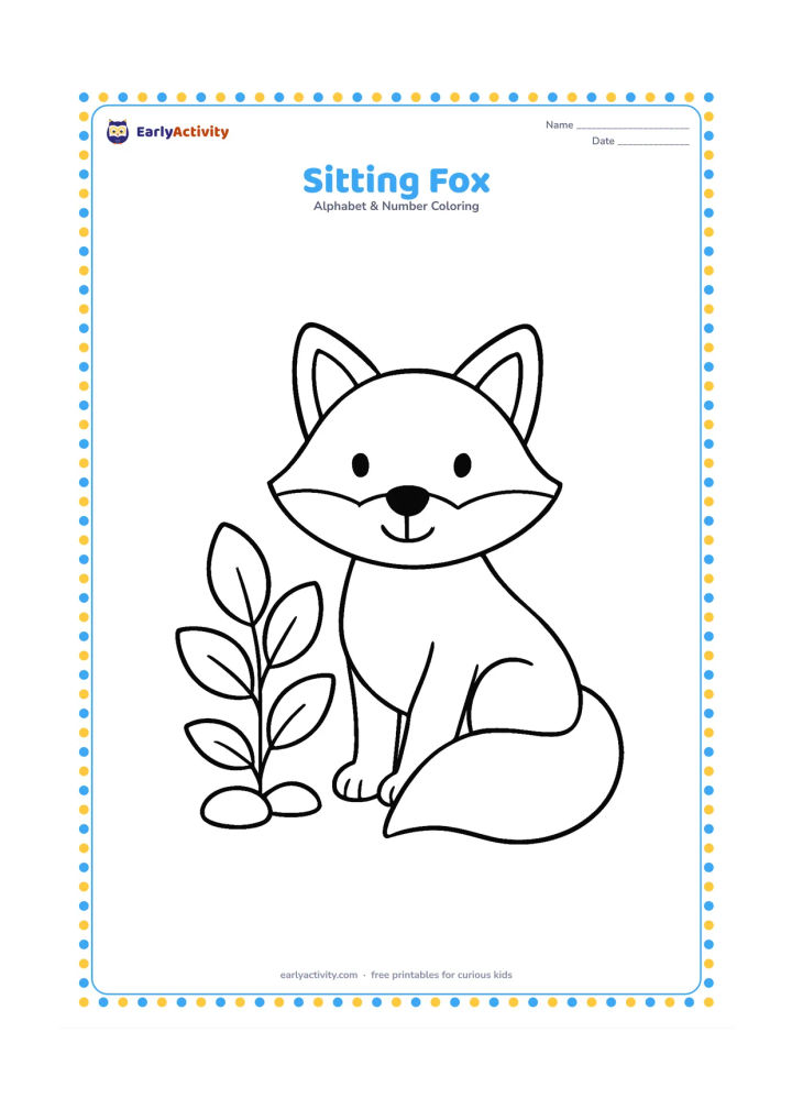 Colouring page: Draw a friendly fox sitting beside one leafy plant, with a large bushy tail curled around its feet. Add two simple stones near the plant.