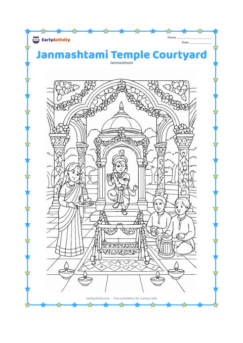 Colouring page: Draw an Indian temple courtyard prepared for Janmashtami, with a small Krishna shrine, flower-covered pillars, a cradle, oil lamps, devotees carrying offerings and musicians seated…