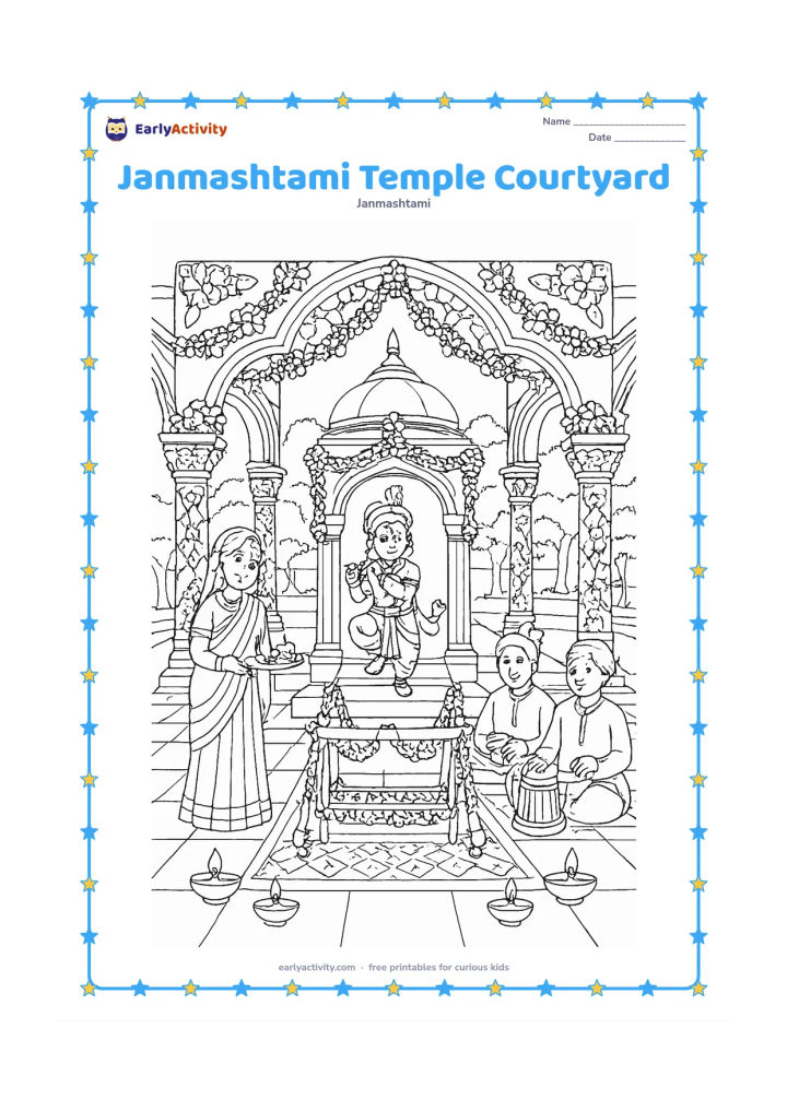 Colouring page: Draw an Indian temple courtyard prepared for Janmashtami, with a small Krishna shrine, flower-covered pillars, a cradle, oil lamps, devotees carrying offerings and musicians seated…