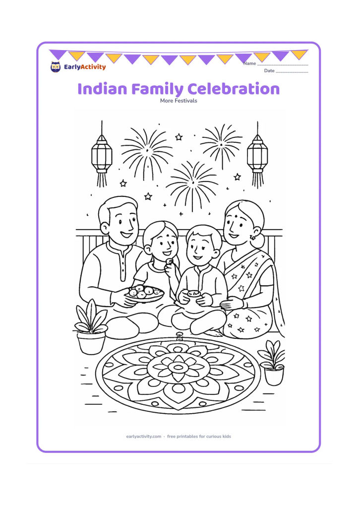 Colouring page: An Indian family sits together on a balcony, sharing festive snacks while looking at fireworks in the evening sky. Add a rangoli-style circular floor pattern, hanging lanterns and potted…