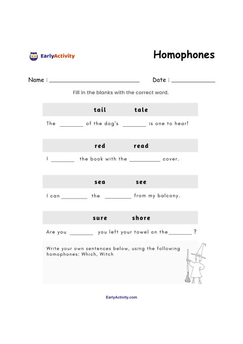 Worksheet with homophone pairs, fill-in-the-blank sentences, and space to write sentences using which and witch.