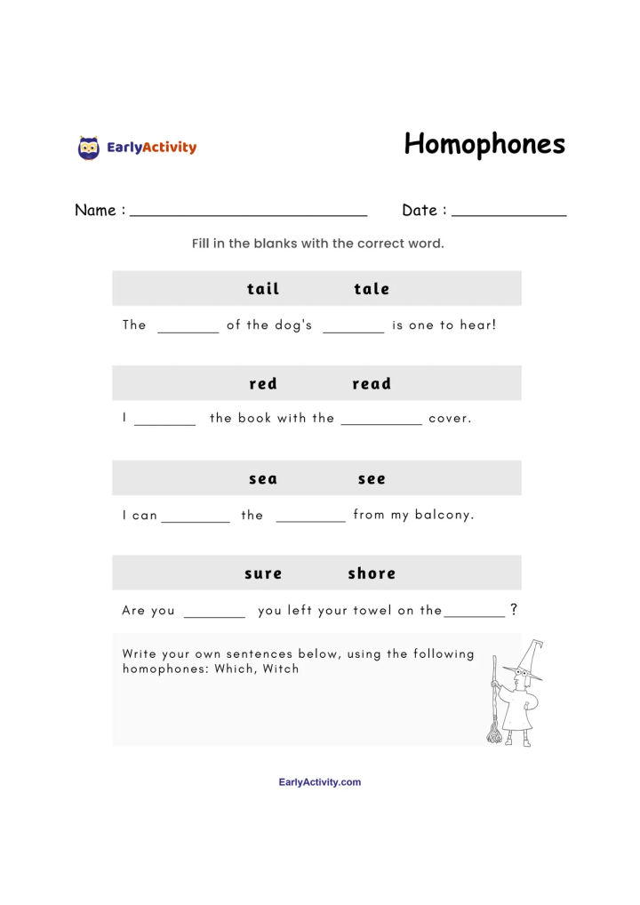 Worksheet with homophone pairs, fill-in-the-blank sentences, and space to write sentences using which and witch.