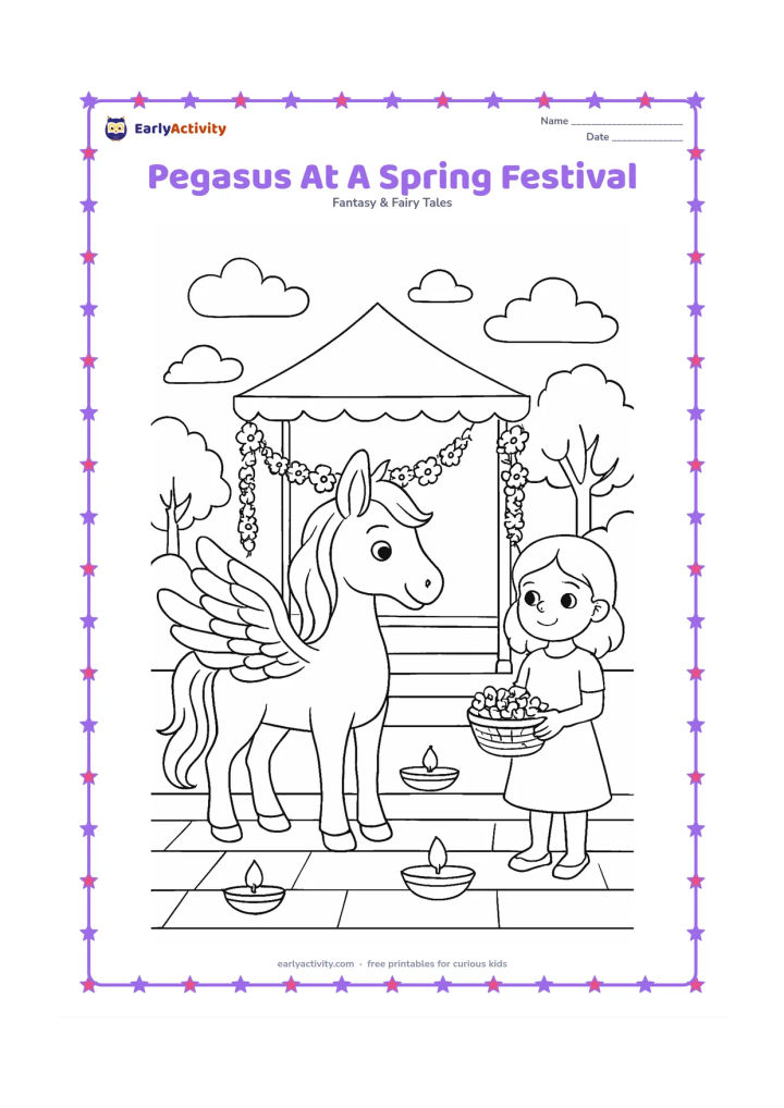 Colouring page: Show a pegasus in an open Indian courtyard beside a decorated but unmarked canopy, flower garlands, clay lamps and a child holding a plain flower basket. Add trees and gentle clouds in…