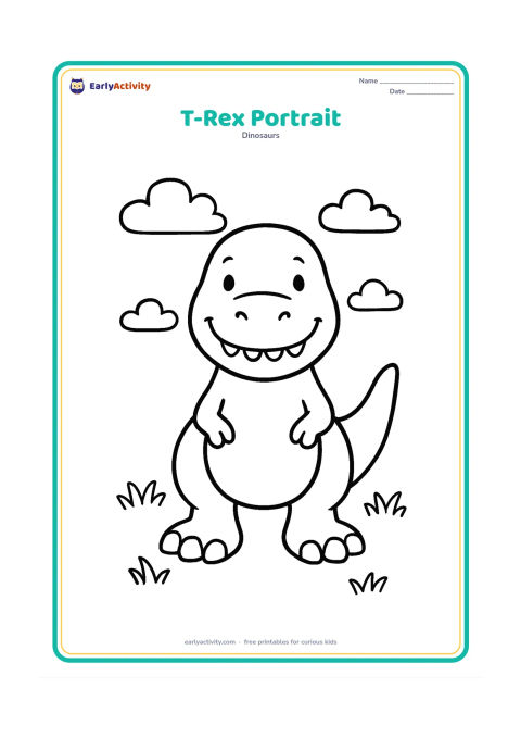 Colouring page: A friendly T-Rex faces forward with a wide smile, short arms and large feet. Place it alone in the centre with only a few rounded clouds and tufts of grass around it.