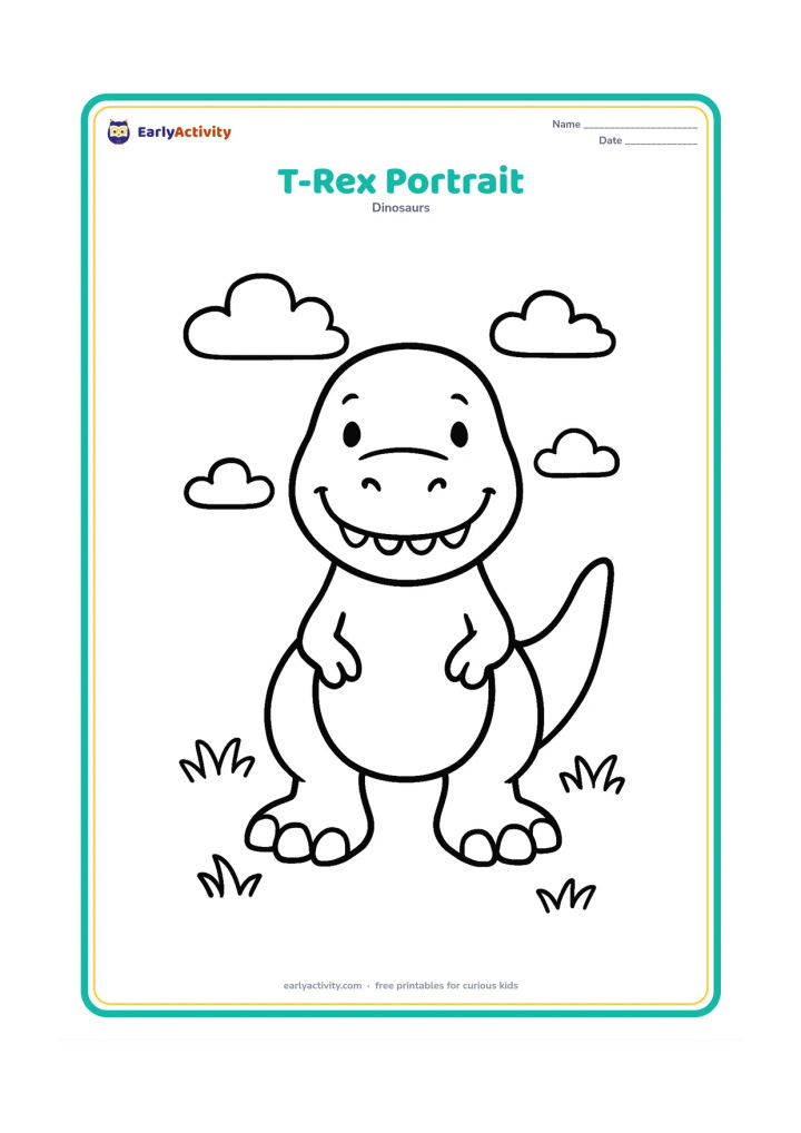 Colouring page: A friendly T-Rex faces forward with a wide smile, short arms and large feet. Place it alone in the centre with only a few rounded clouds and tufts of grass around it.