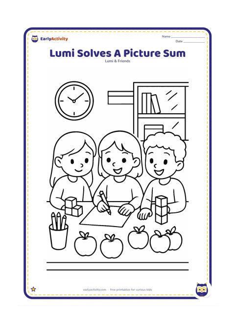 Colouring page: Lumi works with two older classmates at a desk, combining groups of apples and blocks beside a blank worksheet. Show a pencil cup, a classroom clock without numerals, shelves and sunlight.