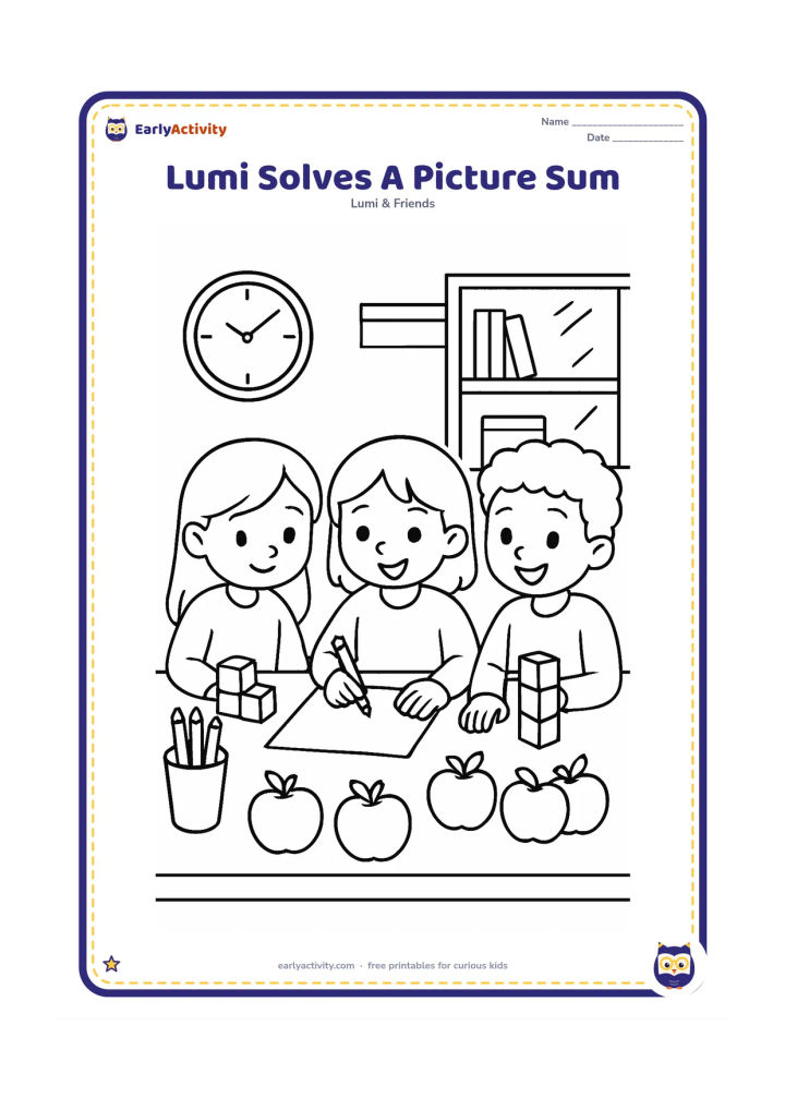 Colouring page: Lumi works with two older classmates at a desk, combining groups of apples and blocks beside a blank worksheet. Show a pencil cup, a classroom clock without numerals, shelves and sunlight.