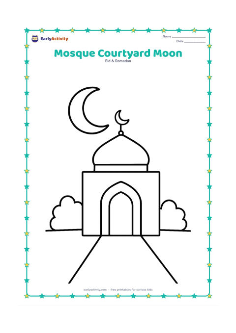 Colouring page: A small mosque doorway stands in a quiet courtyard beneath a large crescent moon, with two rounded bushes on either side.