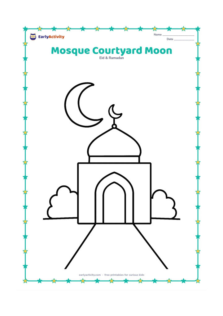 Colouring page: A small mosque doorway stands in a quiet courtyard beneath a large crescent moon, with two rounded bushes on either side.