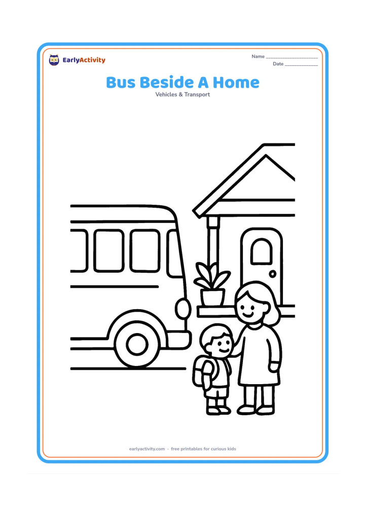 Colouring page: Draw a large side-view school bus parked beside a small Indian home with a veranda, potted plant, doorway and a child with a backpack standing safely near an adult. Keep the bus and the…