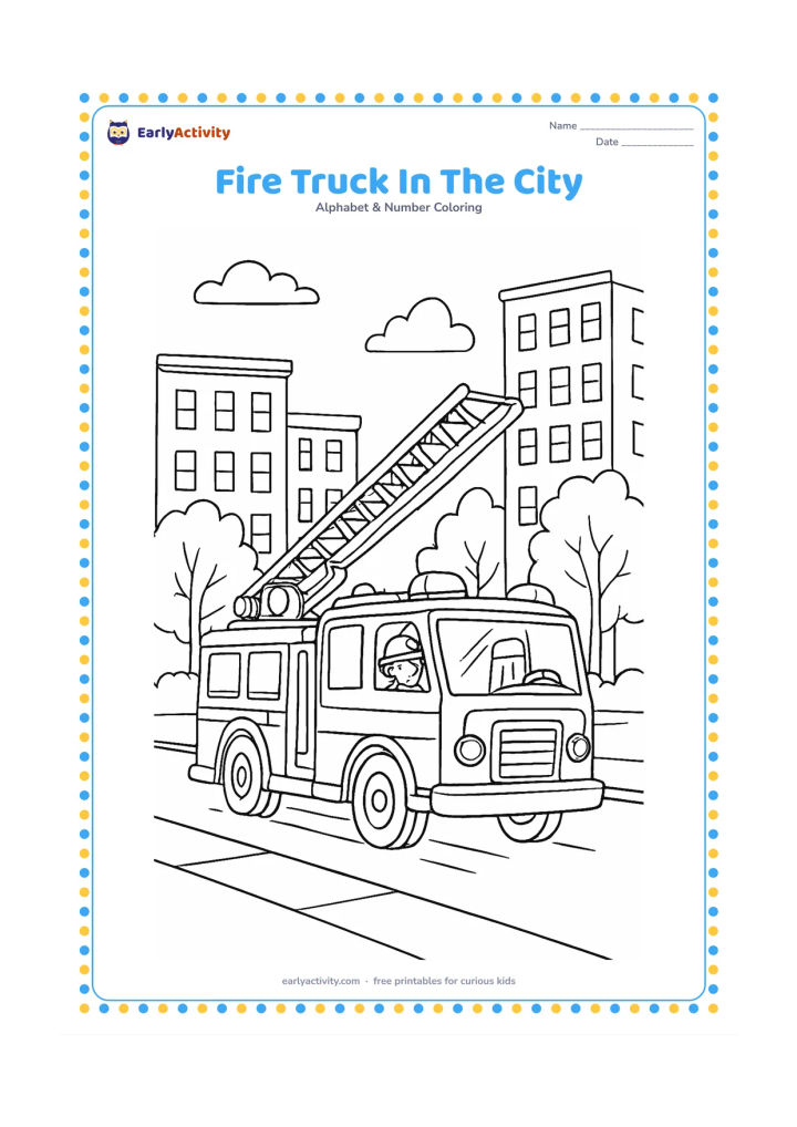 Colouring page: Draw a fire truck travelling through a quiet city street with a firefighter seated inside, a raised ladder, trees, apartment buildings and a clear sky. Include open vehicle panels but no…