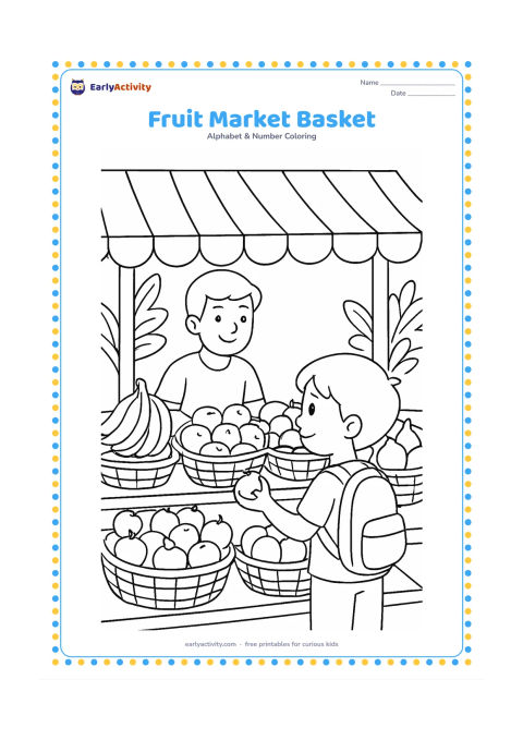 Colouring page: Draw a child choosing fruit at an Indian market stall, with baskets of bananas, apples, oranges and figs, a smiling vendor, an awning and leafy plants nearby. Keep every stall board blank.