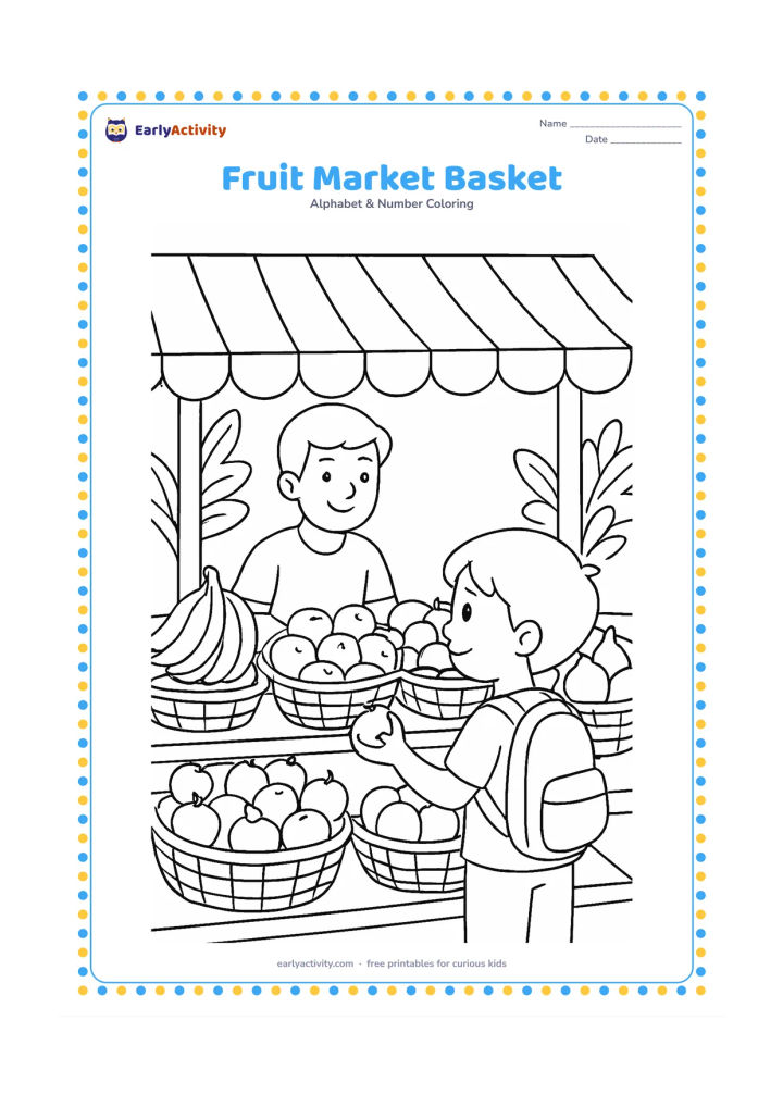 Colouring page: Draw a child choosing fruit at an Indian market stall, with baskets of bananas, apples, oranges and figs, a smiling vendor, an awning and leafy plants nearby. Keep every stall board blank.