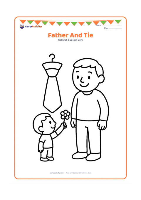 Colouring page: A cheerful father stands beside a large necktie hanging from a simple hook while a child reaches up to present him with a small flower.