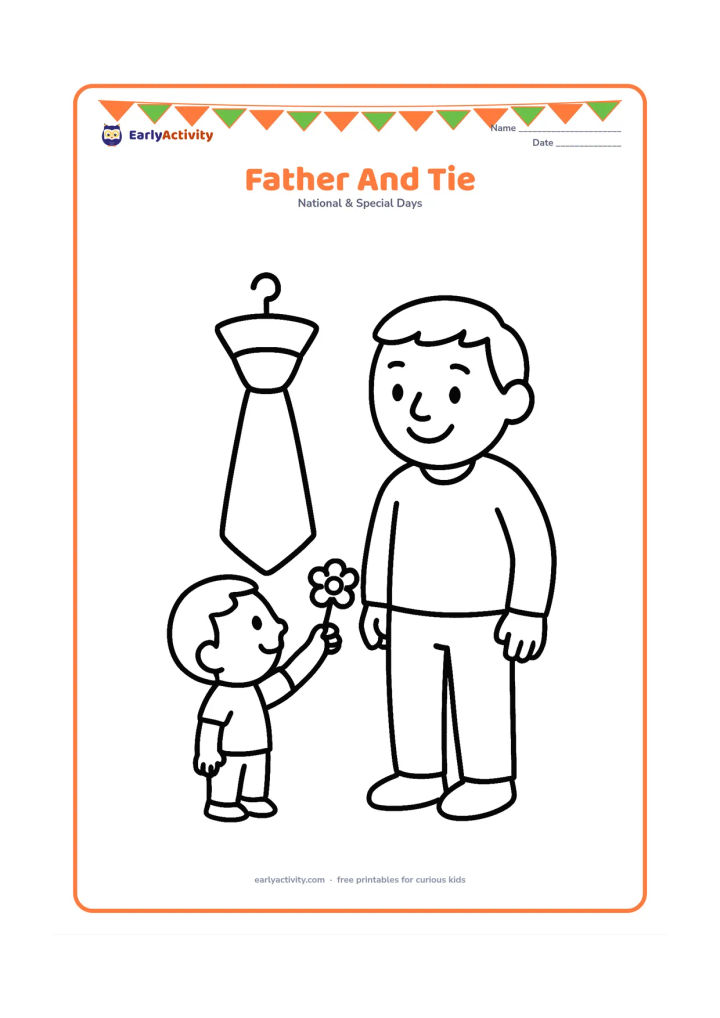 Colouring page: A cheerful father stands beside a large necktie hanging from a simple hook while a child reaches up to present him with a small flower.