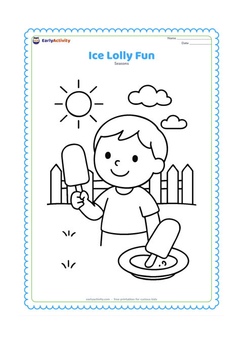 Colouring page: Draw a smiling child holding an ice lolly outdoors while a second ice lolly rests on a small plate with a few drips beneath it. Add a sun, two clouds, and a simple garden fence.