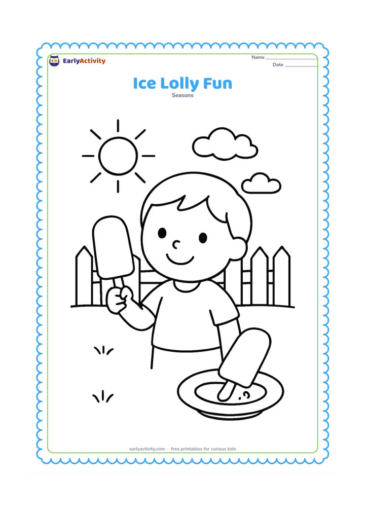 Colouring page: Draw a smiling child holding an ice lolly outdoors while a second ice lolly rests on a small plate with a few drips beneath it. Add a sun, two clouds, and a simple garden fence.