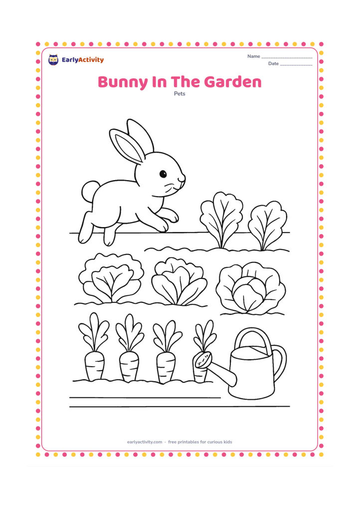 Colouring page: Draw a bunny hopping through a vegetable garden with rows of leafy carrots, lettuce, and broad cabbage leaves. Include a low garden border, a watering can, and several open spaces…