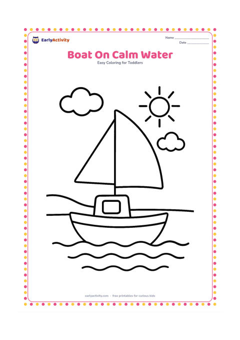 Colouring page: Draw a small boat floating on calm water with a single large flag shape on its mast, but no symbol or writing on the flag. Add two clouds, a shoreline and a simple sun.