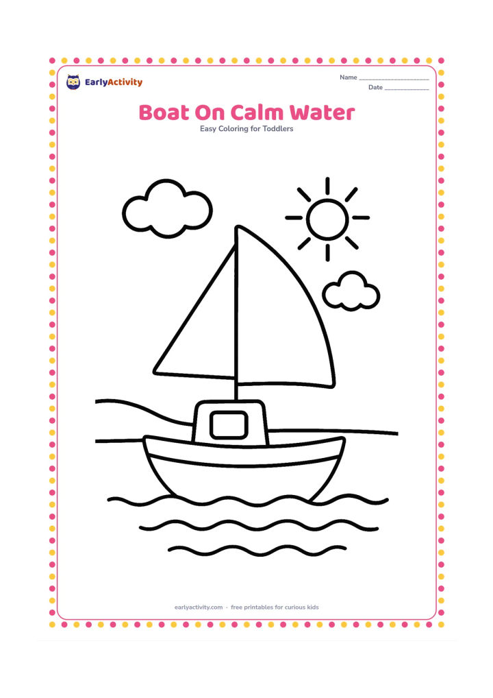 Colouring page: Draw a small boat floating on calm water with a single large flag shape on its mast, but no symbol or writing on the flag. Add two clouds, a shoreline and a simple sun.
